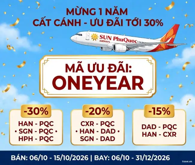 Sun PhuQuoc Airways 1 tuổi: Giảm 30% nhập mã ONEYEAR