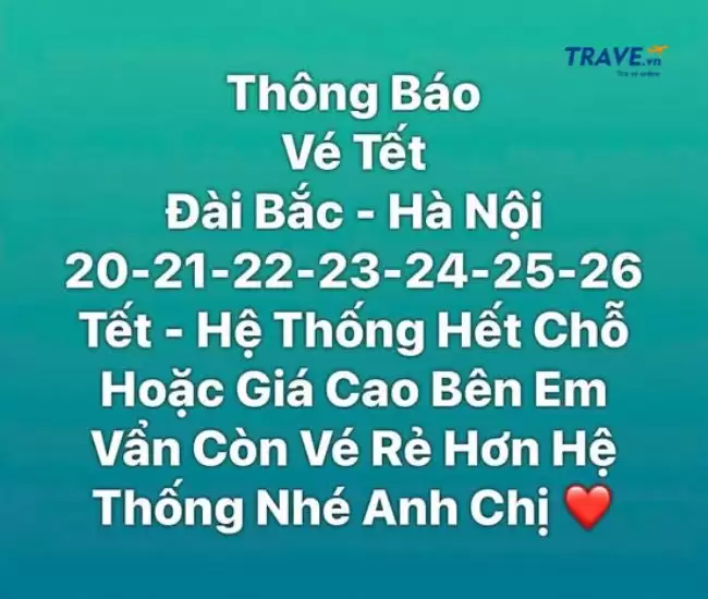 Vé Tết Đài Bắc – Hà Nội 20–26 Tết 1 Vé Tết Đài Bắc
