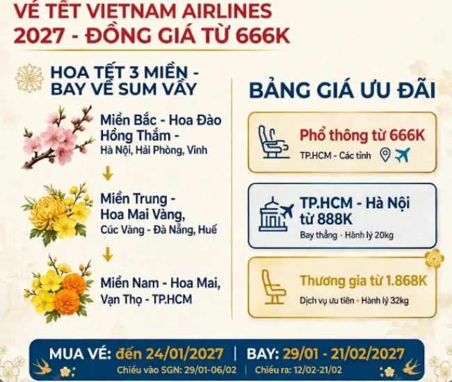 Vé Tết Vietnam Airlines 2027 đồng giá từ 666K 1 Vé Tết Vietnam Airlines 2027 đồng giá từ 666K