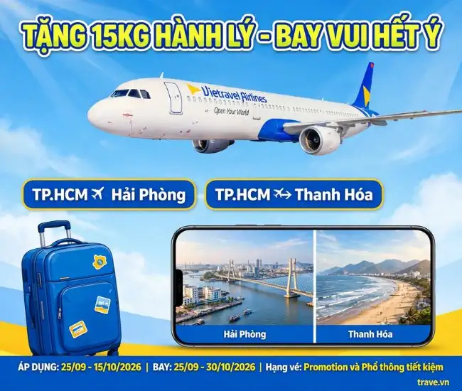 Vietravel Airlines tặng 15KG hành lý SGN-Hải Phòng, Thanh Hóa